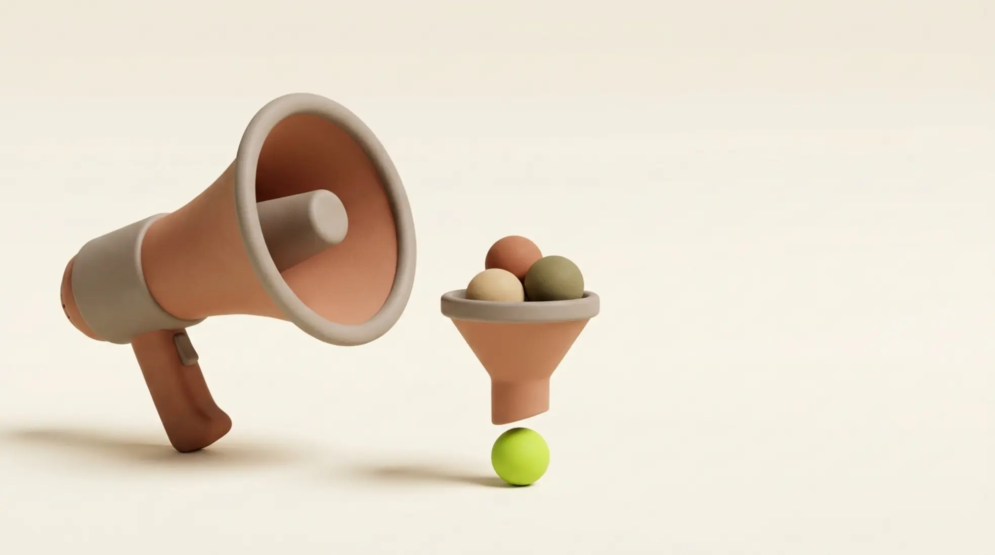 Matte recruitment megaphone met talent funnel en candidate spheres in aardetinten op een warme achtergrond, bedoeld voor wervingsmarketing.