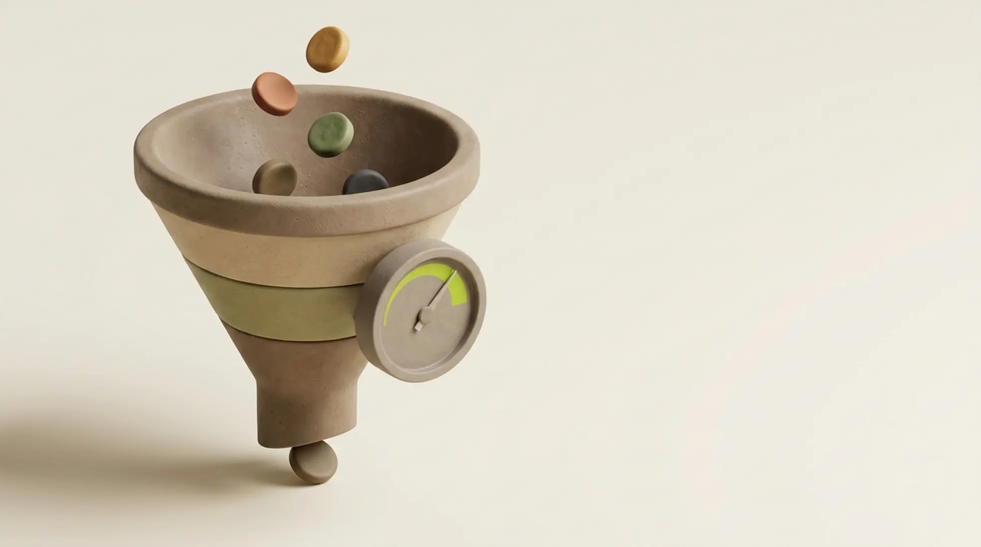 3D render van een recruitment funnel met kandidaat tokens en een analoge meter, alles op een warme off-white achtergrond.