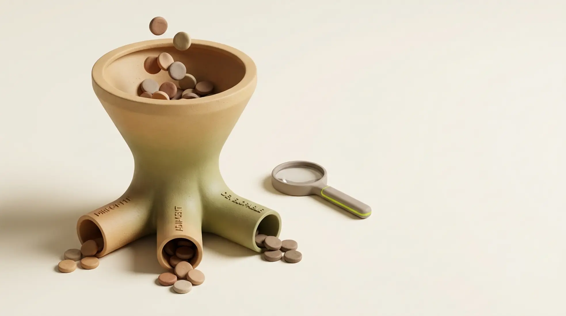 Een matte keramische talentfunnel met kandidaten, gesorteerd in drie kanalen, en een vergrootglas, op een zachte crèmekleurige achtergrond.