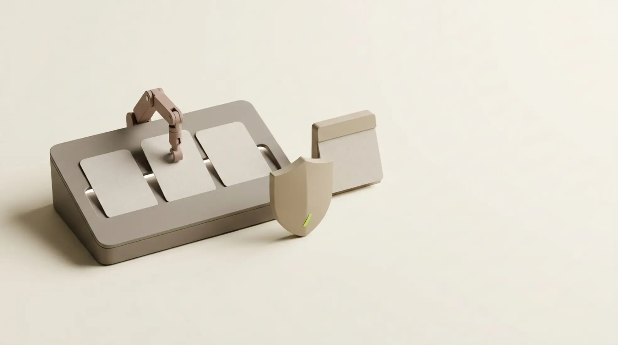 Panoramische render van een recruitment AI-systeem met een controlepaneel, robotarm en kalenderblok op een warme achtergrond.
